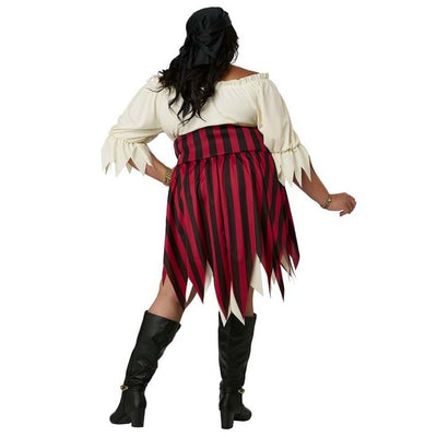 Sultry Sea Pirate Adult Plus Women's Costume – back view showing full red and black striped skirt with jagged hem detail and off-shoulder cream top
