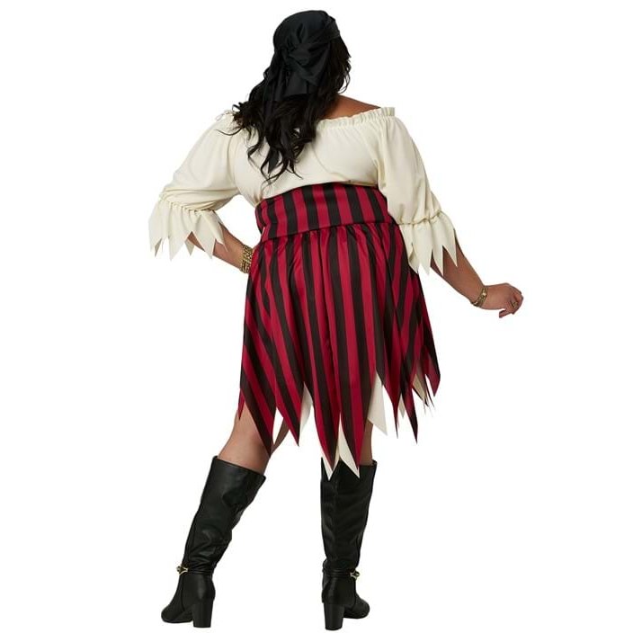 Sultry Sea Pirate Adult Plus Women's Costume – back view showing full red and black striped skirt with jagged hem detail and off-shoulder cream top