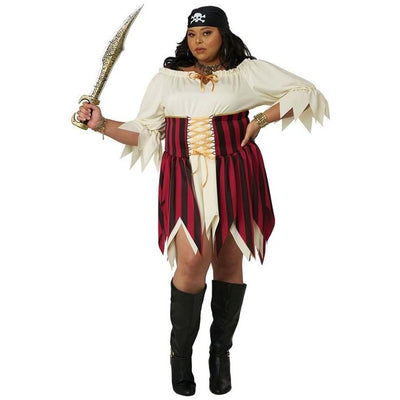 Sultry Sea Pirate Adult Plus Women's Costume – side profile view featuring off-shoulder cream blouse with jagged sleeves, red and black striped corset skirt, and skull bandana