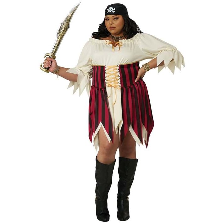 Sultry Sea Pirate Adult Plus Women's Costume – side profile view featuring off-shoulder cream blouse with jagged sleeves, red and black striped corset skirt, and skull bandana
