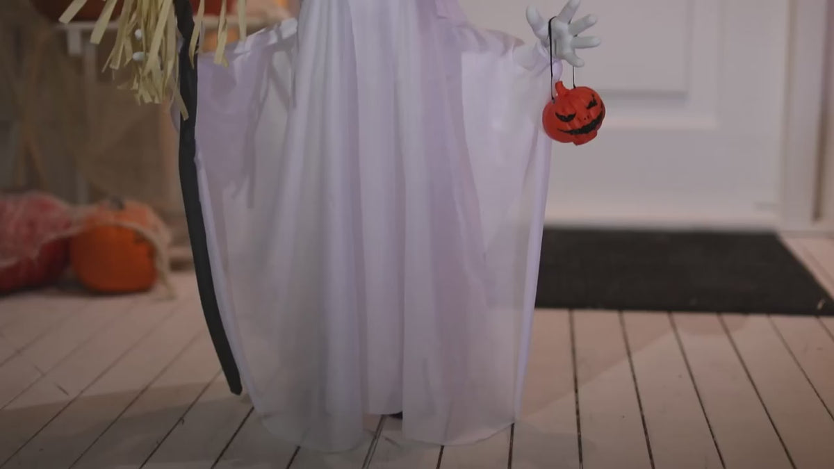 Light-Up Ghost with Witch Hat & Broom Standing Decoration - 2 ft