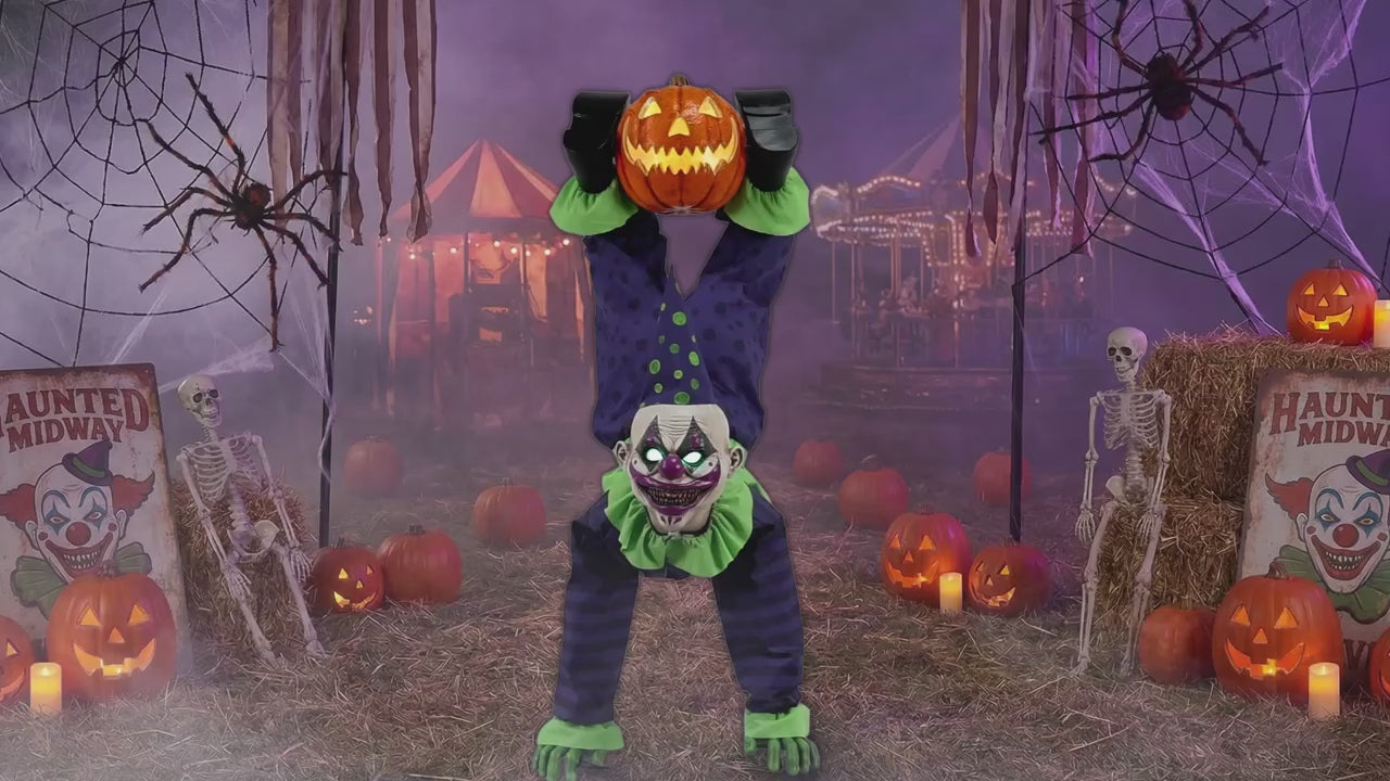Load video: 5 Ft. Animated Light-Up Upside-Down Clown with Jack-O'-Lantern