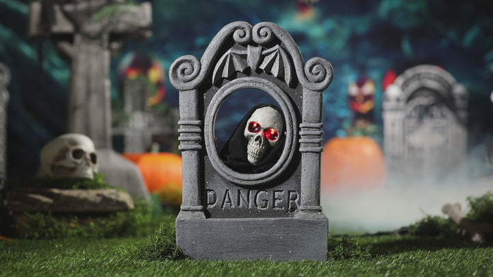 22" Grey Tombstone with Light-Up Moving Skeleton Head