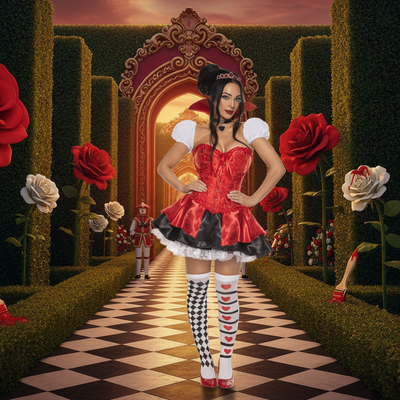 Queen of Hearts Women's Costume - Wonderland Garden Maze Background