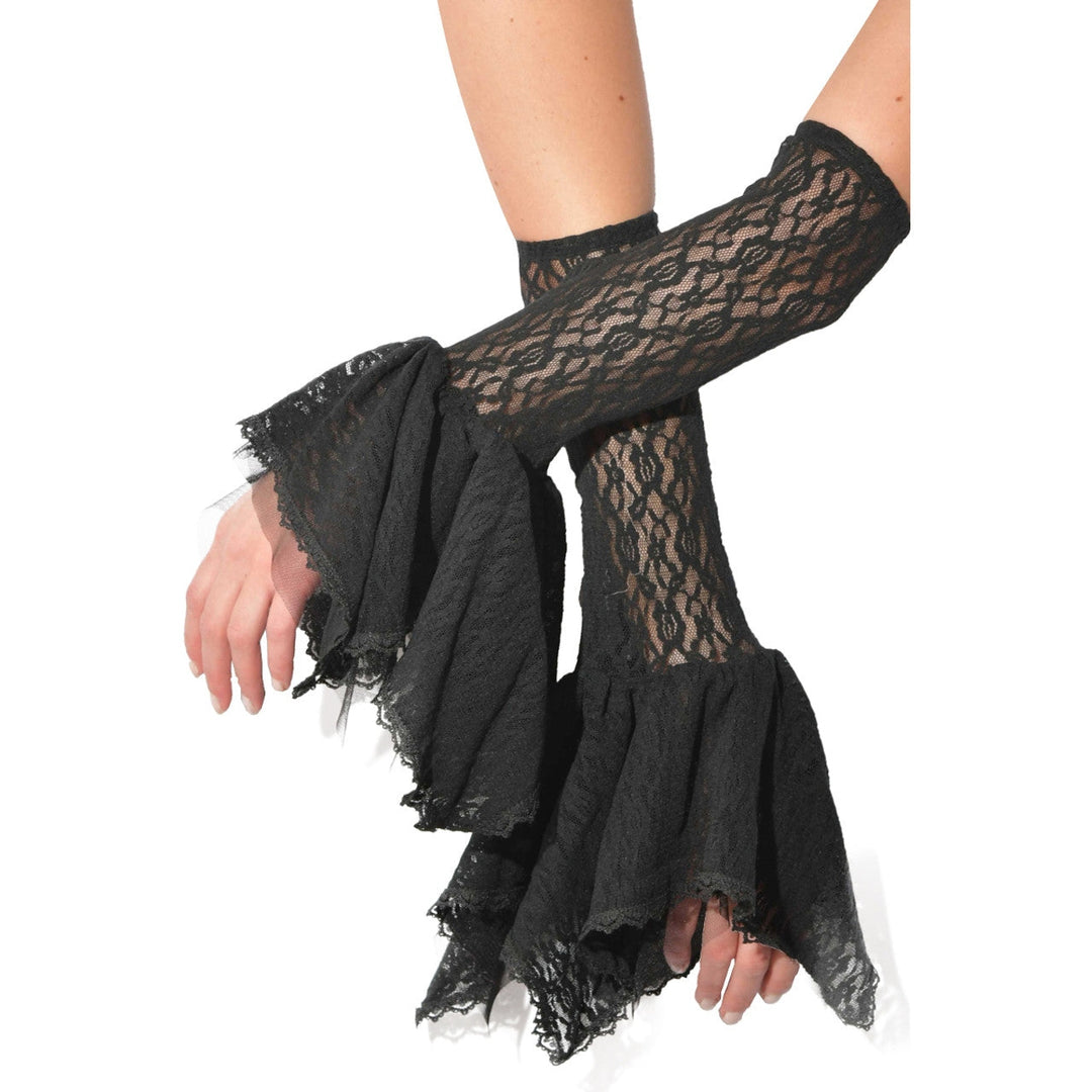 Black lace-up women's gothic arm sleeve gauntlets with intricate floral embroidery