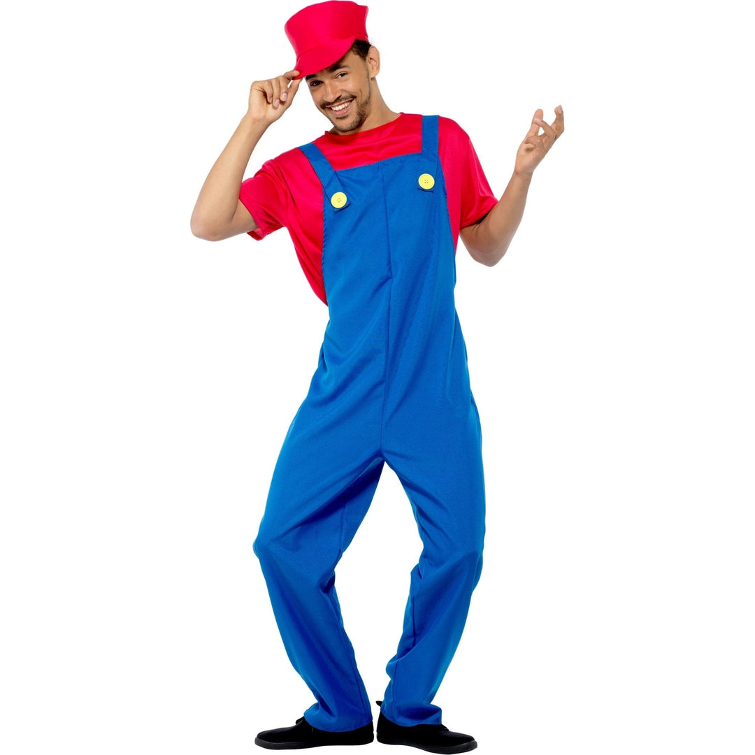 Plumber Guy Mario Mens Costume with Blue Overalls and Red Shirt