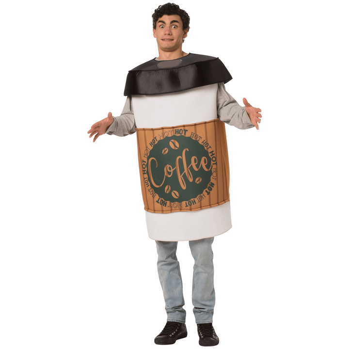 Adult costume of a to-go coffee cup, complete with steam and lid, perfect for Halloween or themed parties