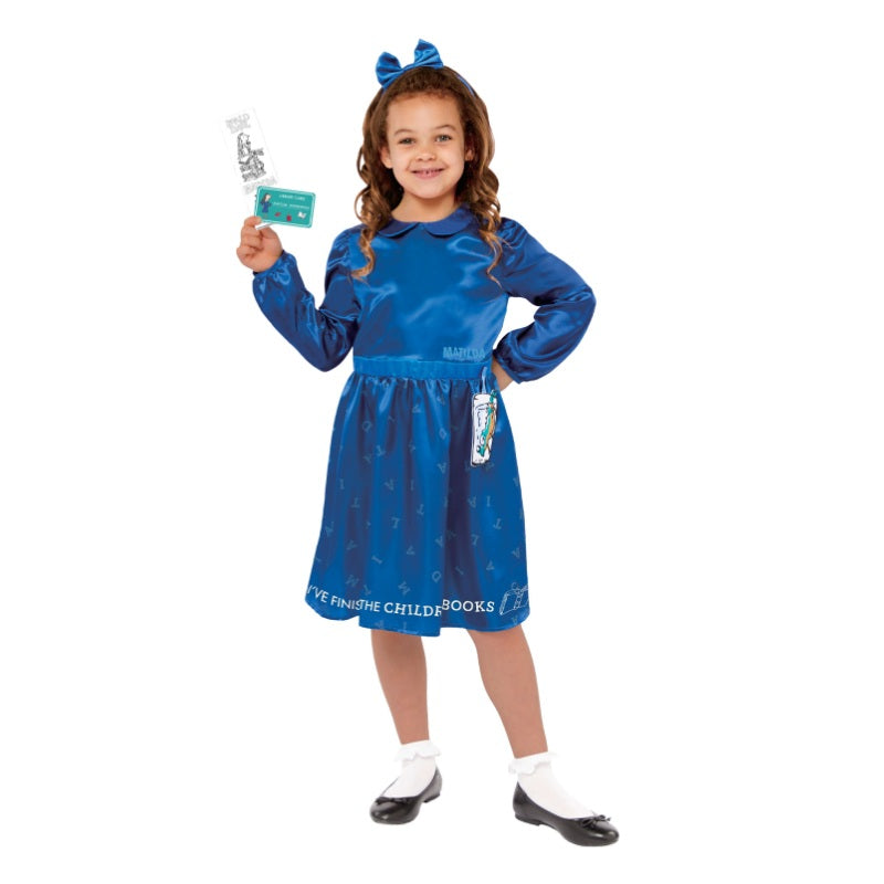 Roald Dahl Matilda Sustainable Child Costume in Blue and White with Book Print and Bow Detail, Perfect for World Book Day and School Events