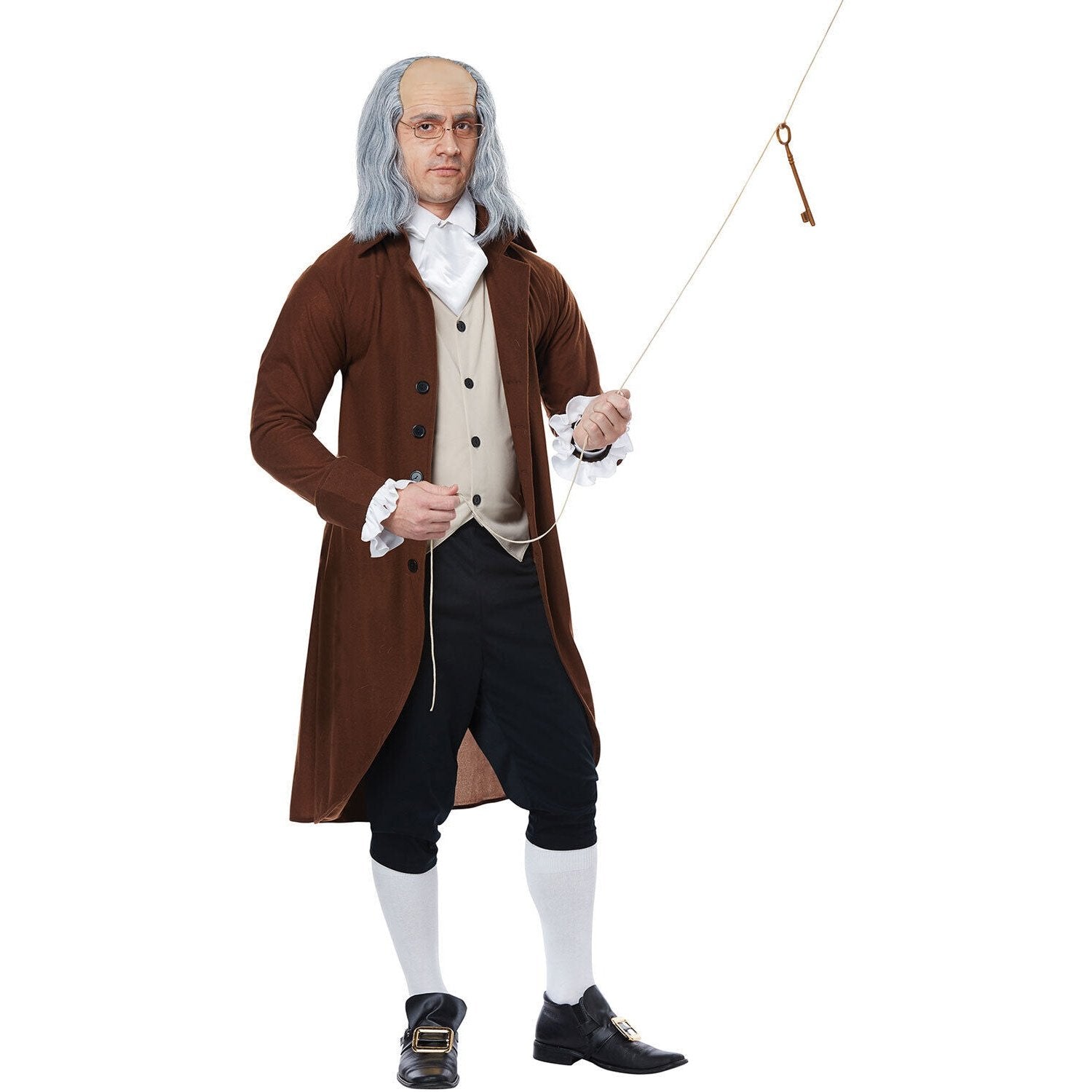 Benjamin Franklin Mens Costume in blue and gold colonial style with coat, vest, and breeches standing against American flag backdrop