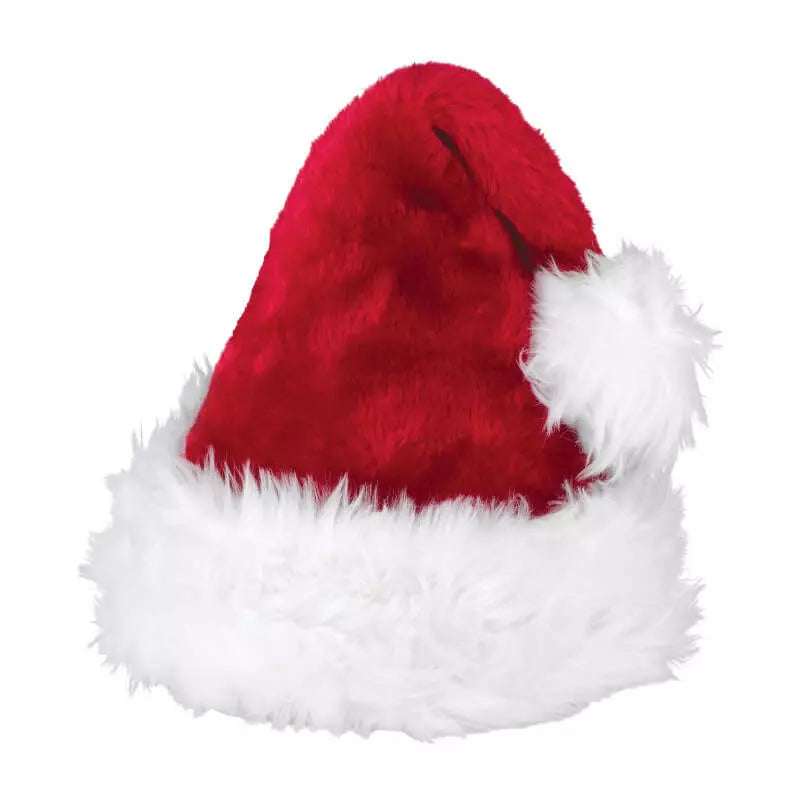 Soft red plush Santa hat with white faux fur trim and pom-pom