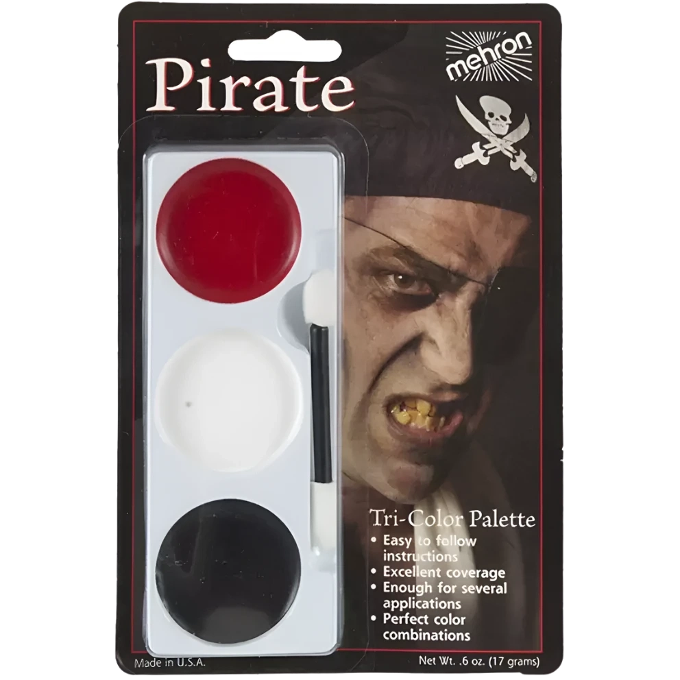 Close-up image of Mehron Tricolour Pirate Makeup Palette, featuring red, black, and white cream makeup in a compact, easy-to-use palette for creating authentic pirate looks