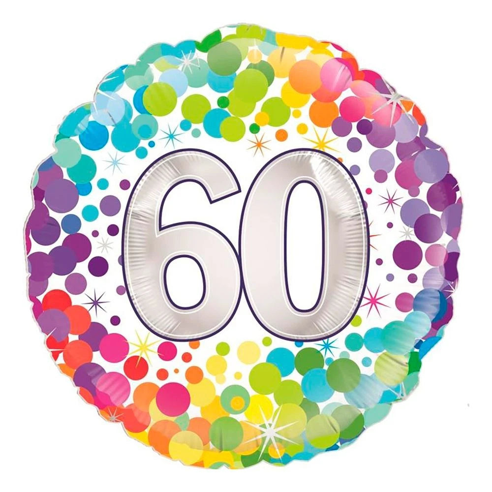 60 Colourful Confetti Dots Round Foil Balloon - Silver Numeral  - 45cm