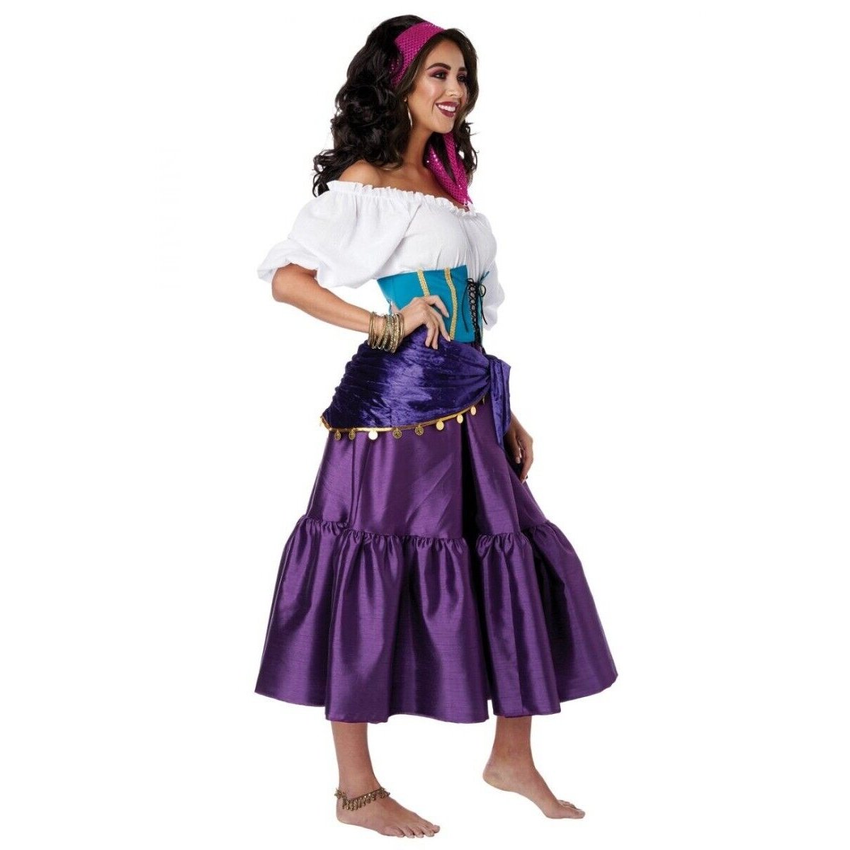 Enchanting Gypsy Fortune Teller Women Costume featuring off-the-shoulder top and layered skirt with gold trim