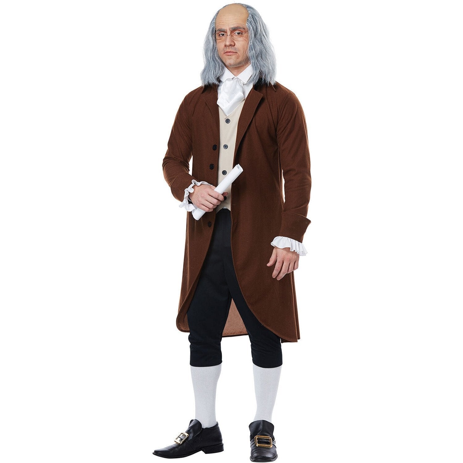  Historical Benjamin Franklin Mens Costume with tricorn hat, jabot, and walking stick in front of vintage parchment background