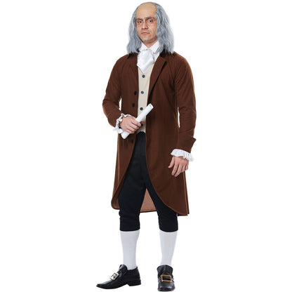  Historical Benjamin Franklin Mens Costume with tricorn hat, jabot, and walking stick in front of vintage parchment background