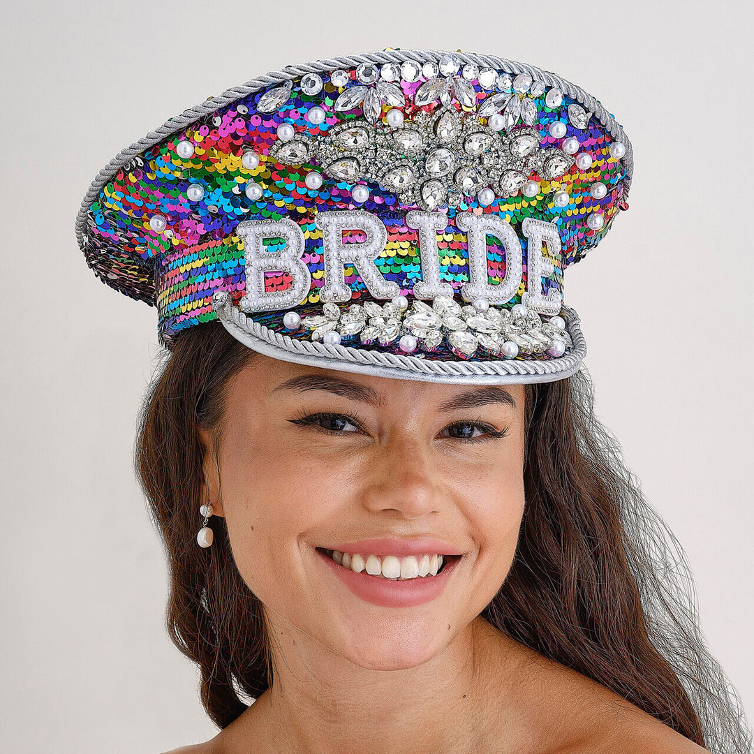 Bride To Be Hat Rainbow Rhinestone Cap, a fun and colorful accessory for bachelorette parties, featuring sparkly rhinestones and a stylish design