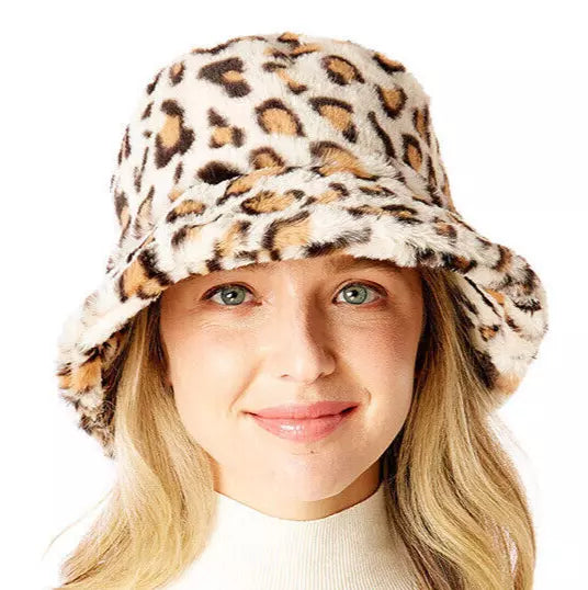 Furry Leopard Print Bucket Hat