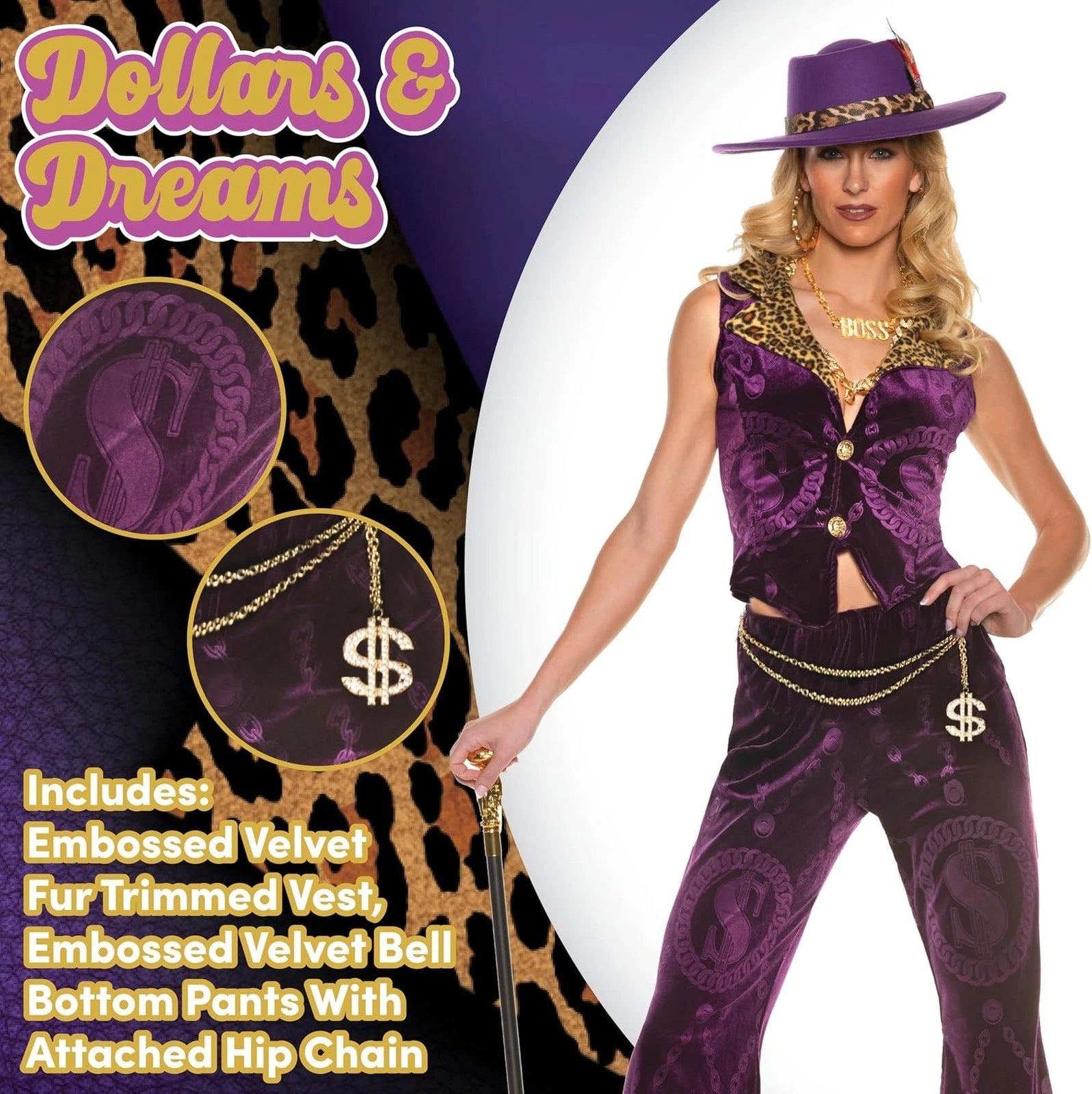 Sexy Pimp Lady Dollar and Dreams Costume Women, Purple