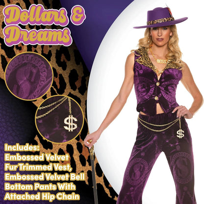 Sexy Pimp Lady Dollar and Dreams Costume Women, Purple