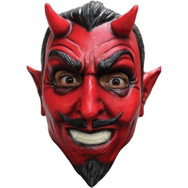 Realistic adult classic devil mask with red horns and sinister expression for Halloween costume