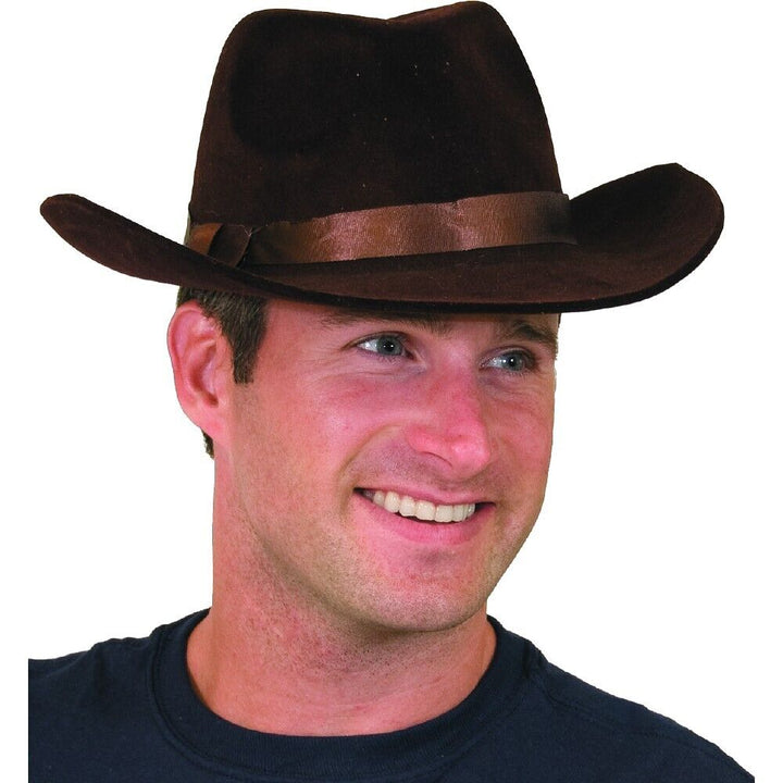 Flocked brown cowboy hat with a wide brim and decorative band