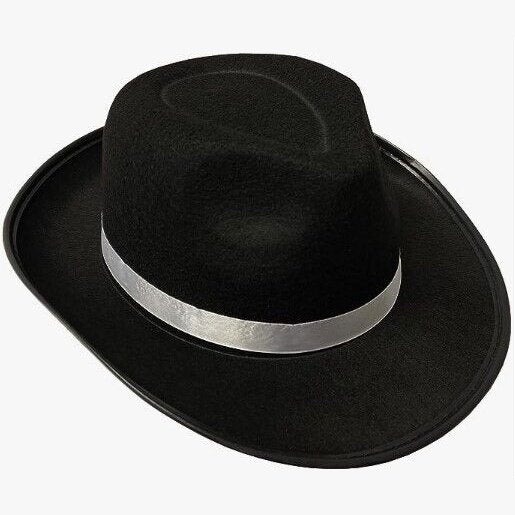 Black and white pinstripe deluxe gangster hat with a wide brim and ribbon band