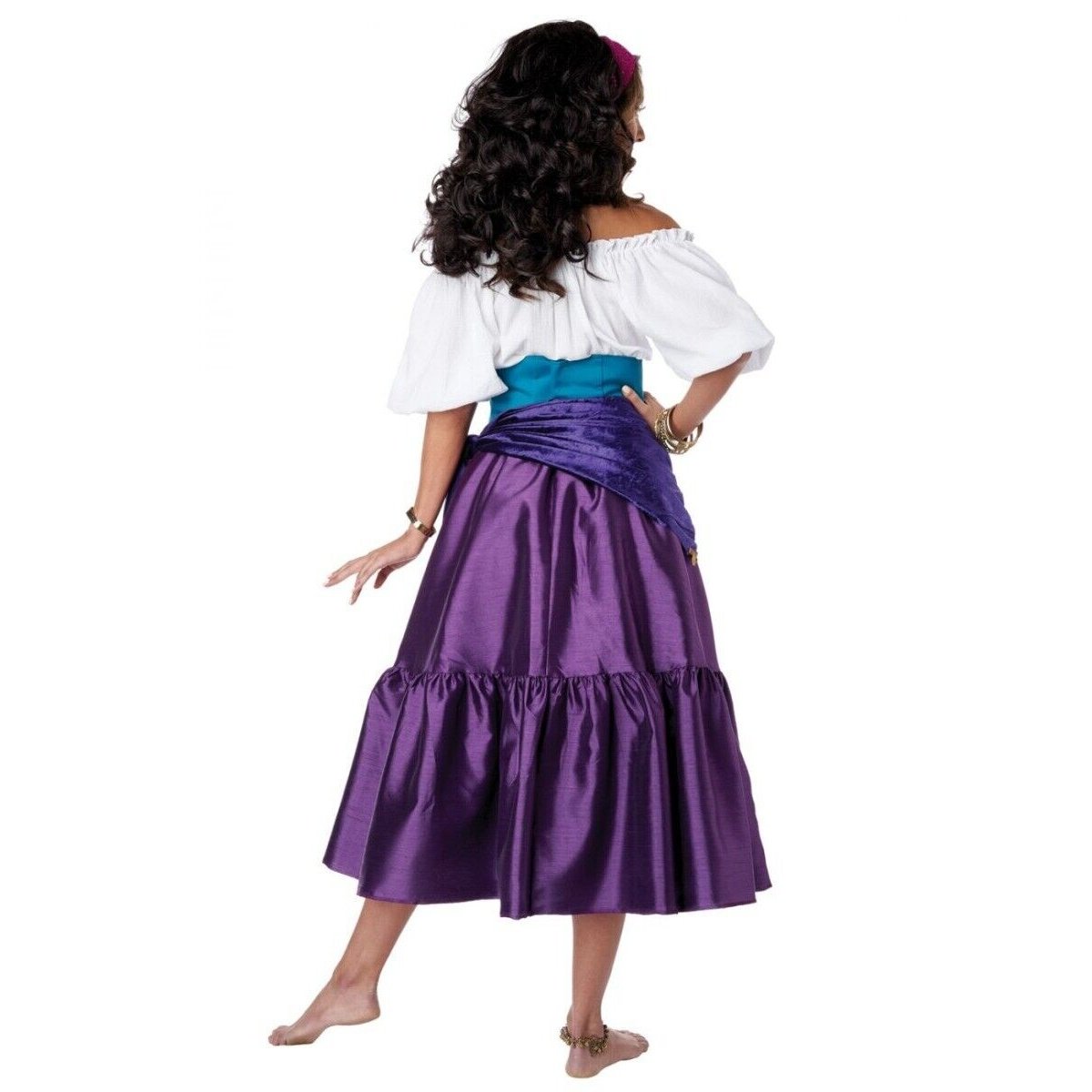 Beautiful model wearing Enchanting Gypsy Fortune Teller Women Costume with flowing skirt and headscarf