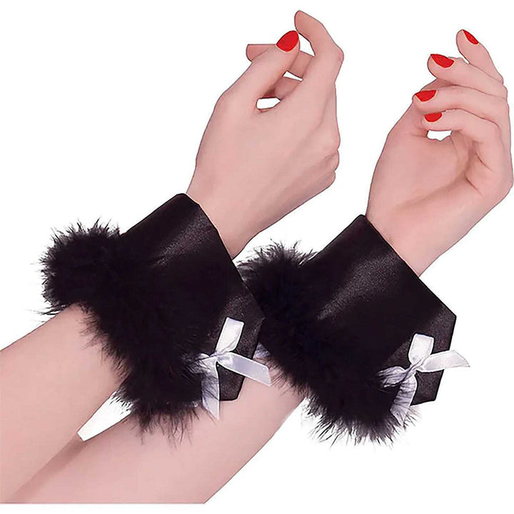 Pair of wrist cuffs with soft black feathers and lace design