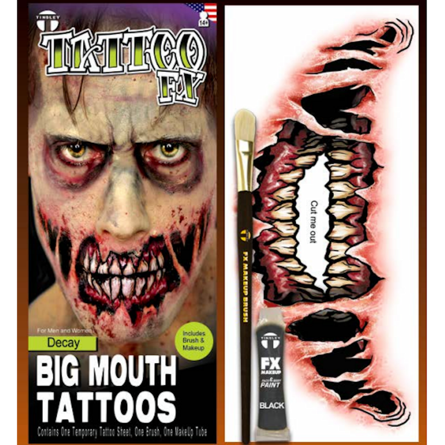 Close-up image of Decay Big Mouth Tattoo Kits, including needles, inks, and machine