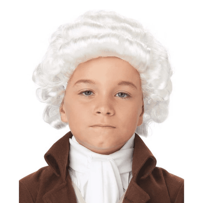 Child wearing Colonial Man Wig (White) with historical costume for kids