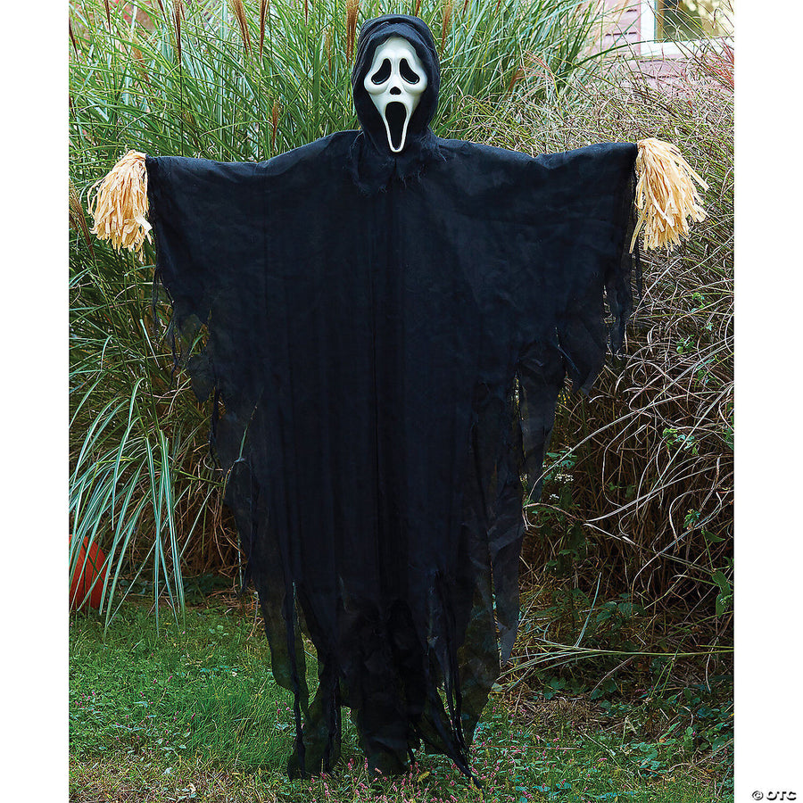 5' Scream Ghostface Scarecrow Decoration, spooky Halloween outdoor yard decor with ghostface mask and tattered clothing