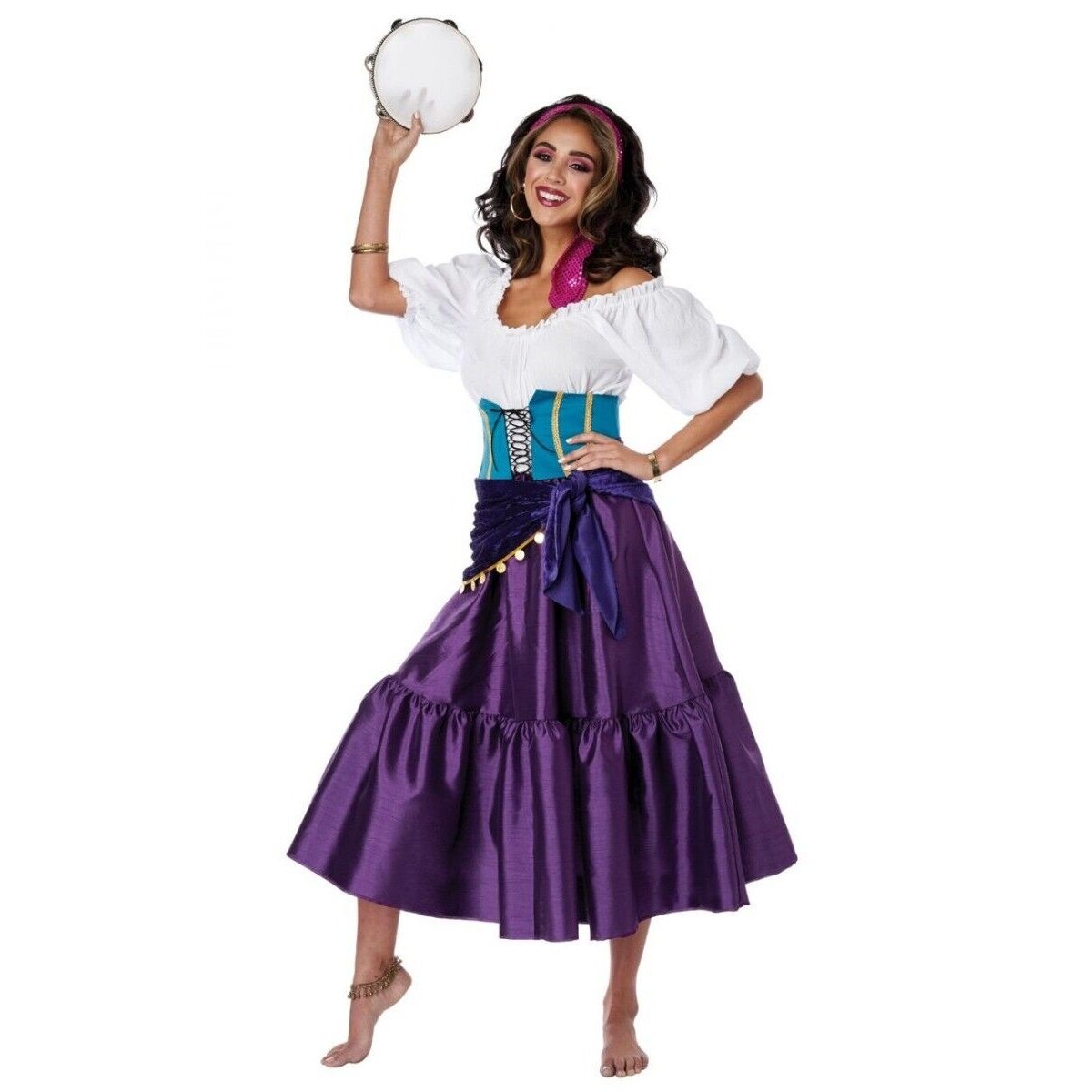 Enchanting Gypsy Fortune Teller Women Costume with colorful scarf and coin belt