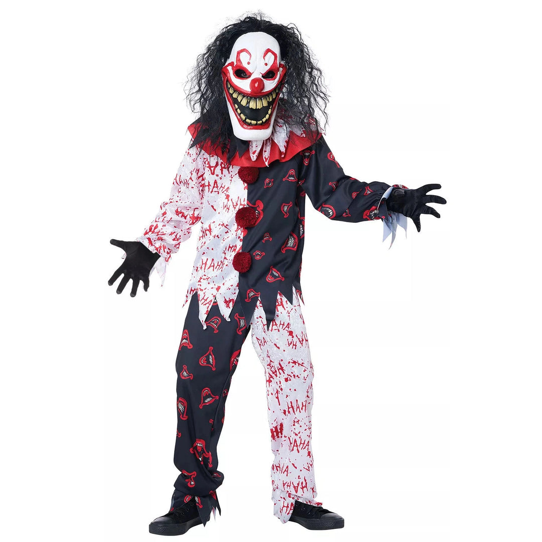  Boys Killer Klown costume featuring a colorful jumpsuit, mask, and gloves for a scary and fun Halloween look