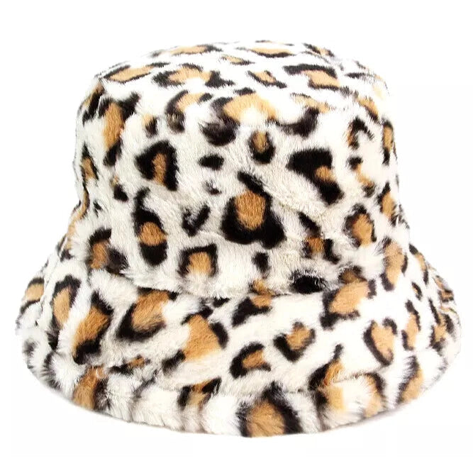 Furry Leopard Print Bucket Hat