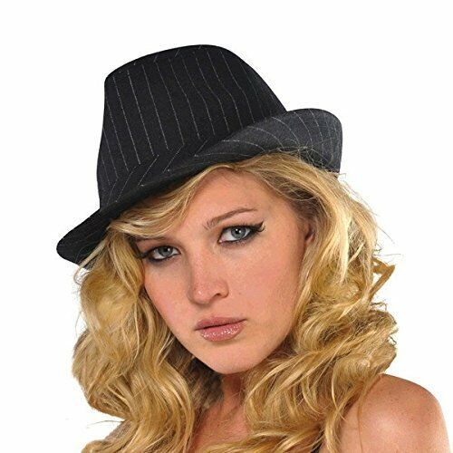 Charcoal gray pinstripe fedora hat with wide brim and black band