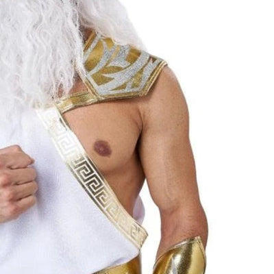 A close-up of a person wearing a white robe with gold trim and a long white beard, cropped from the lower face to the waist against a plain white background.