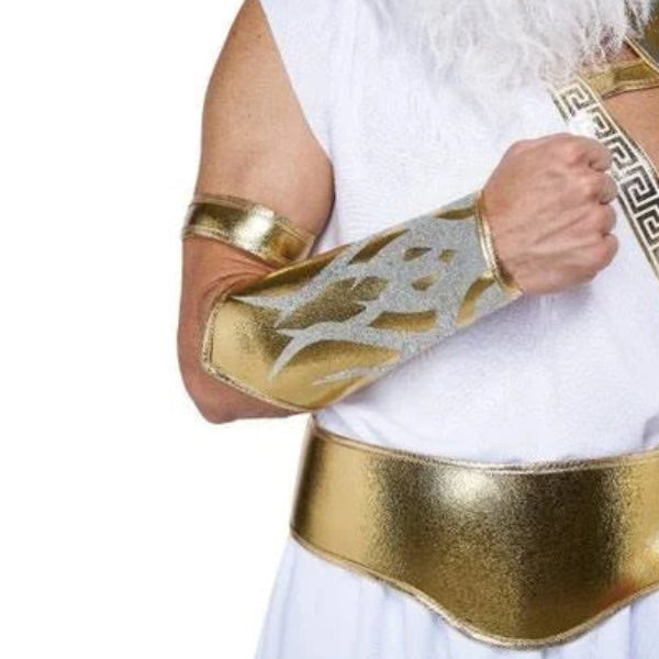 A person wearing a white costume dress with metallic gold arm bands and a wide gold belt, shown against a plain white background.