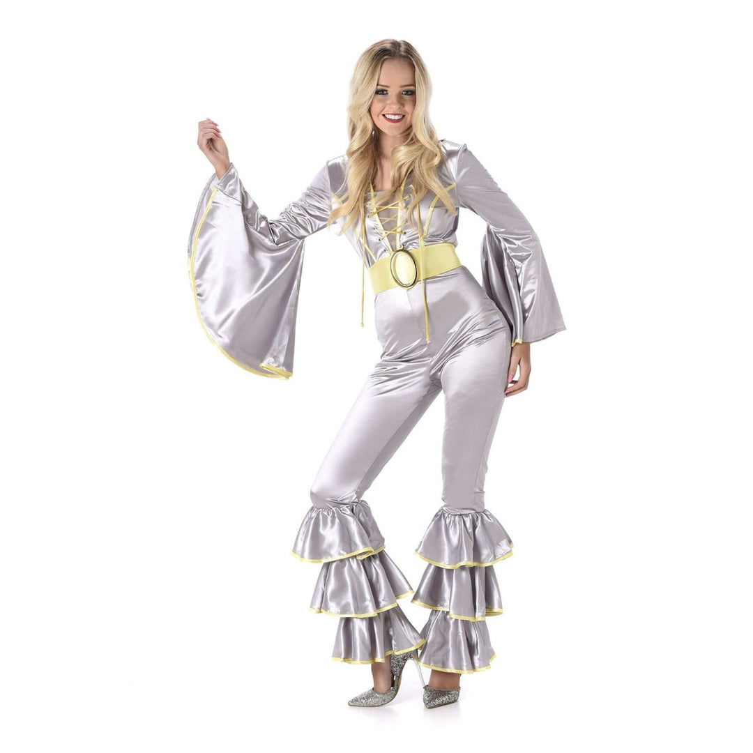 Shiny silver disco jumpsuit costume with bell bottoms and sparkly details