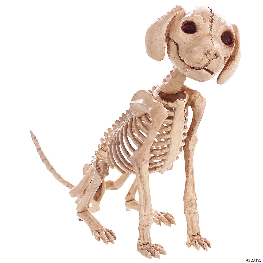 A cute black and white Skelebones Sitting Puppy plush toy