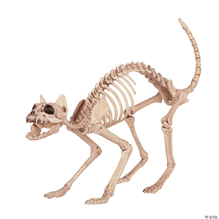 A realistic black and white skeleton cat figurine with glowing eyes