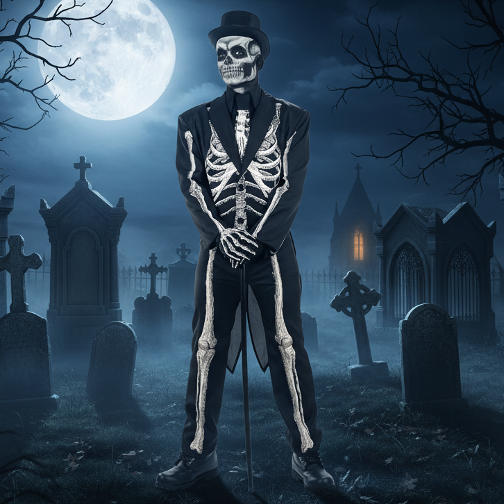 Skeleton Gentleman Men's Costume - Victorian Graveyard Background