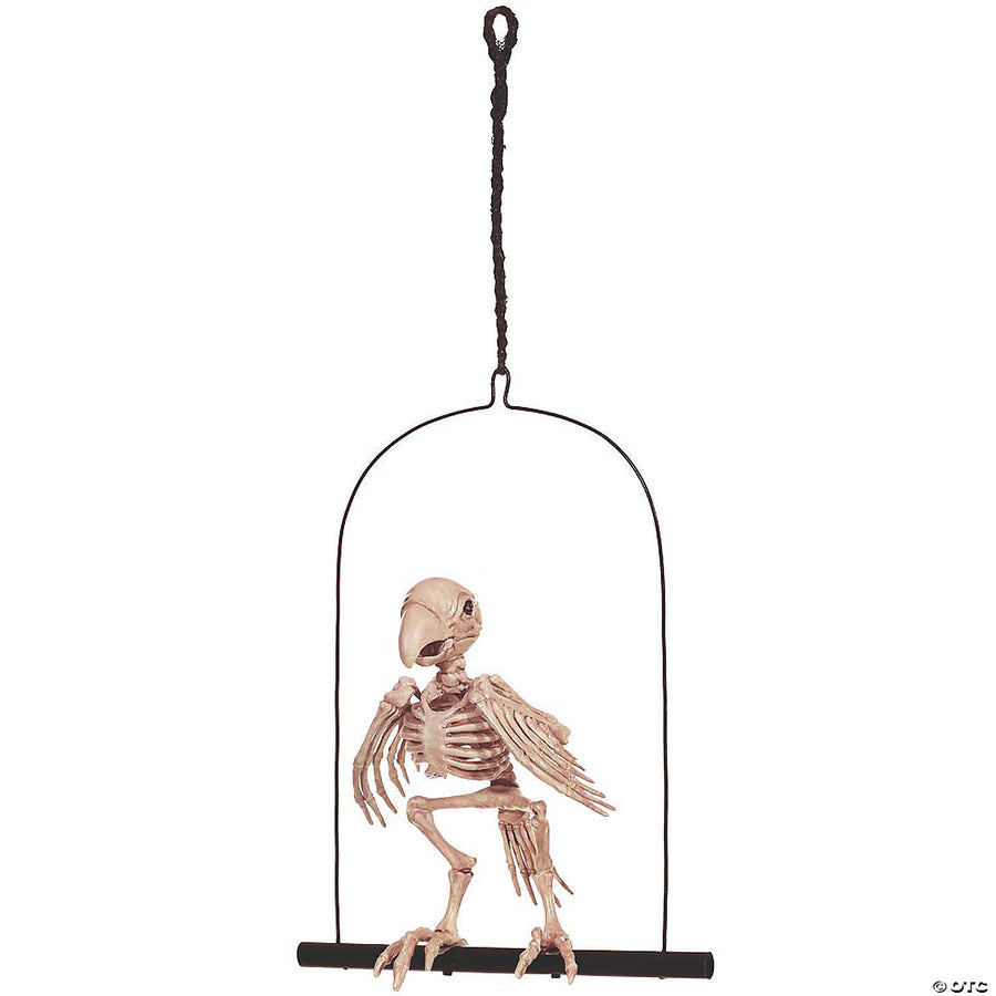 A realistic black and white skeleton parrot perched on a wooden stand