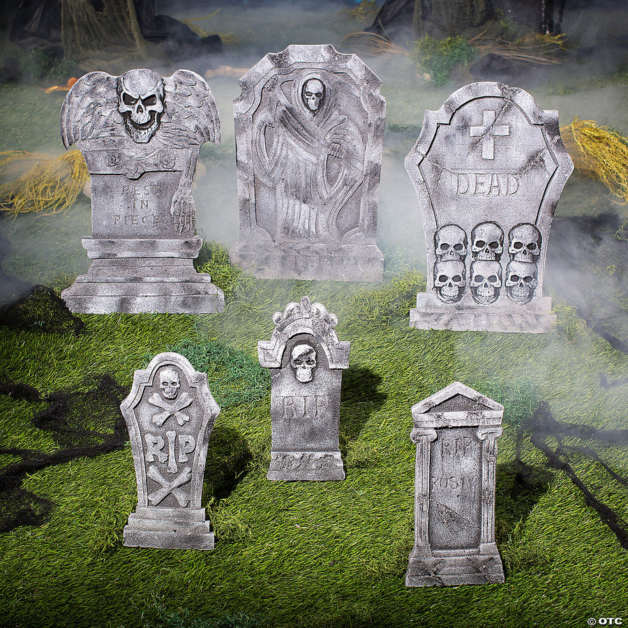 Set of 6 Spooky Graveyard Tombstones for Halloween Decorations