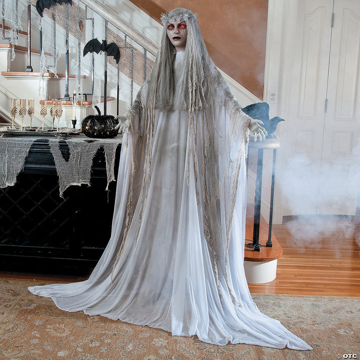 Creepy standing ghost girl Halloween prop with flowing white dress