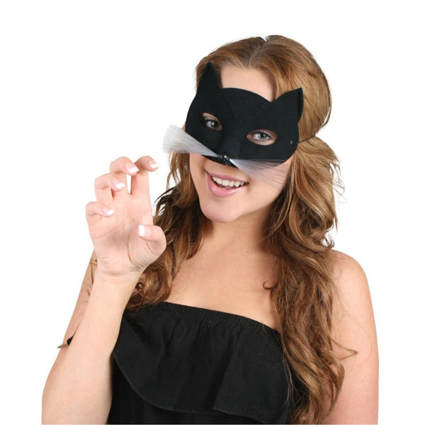 Black cat masquerade mask with whiskers, perfect for Halloween costume