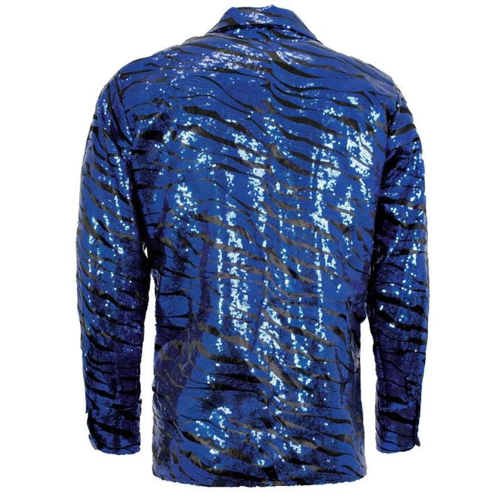  Close-up of Blue Sequin Tiger Shirt with Embroidered Tiger Design 