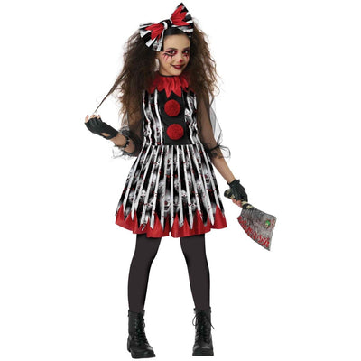 A child modeling a scary clown Halloween costume against a plain white background. The costume includes a black and white striped dress with red trim and red circular details, a matching red and black bow headband, black gloves, and black tights.