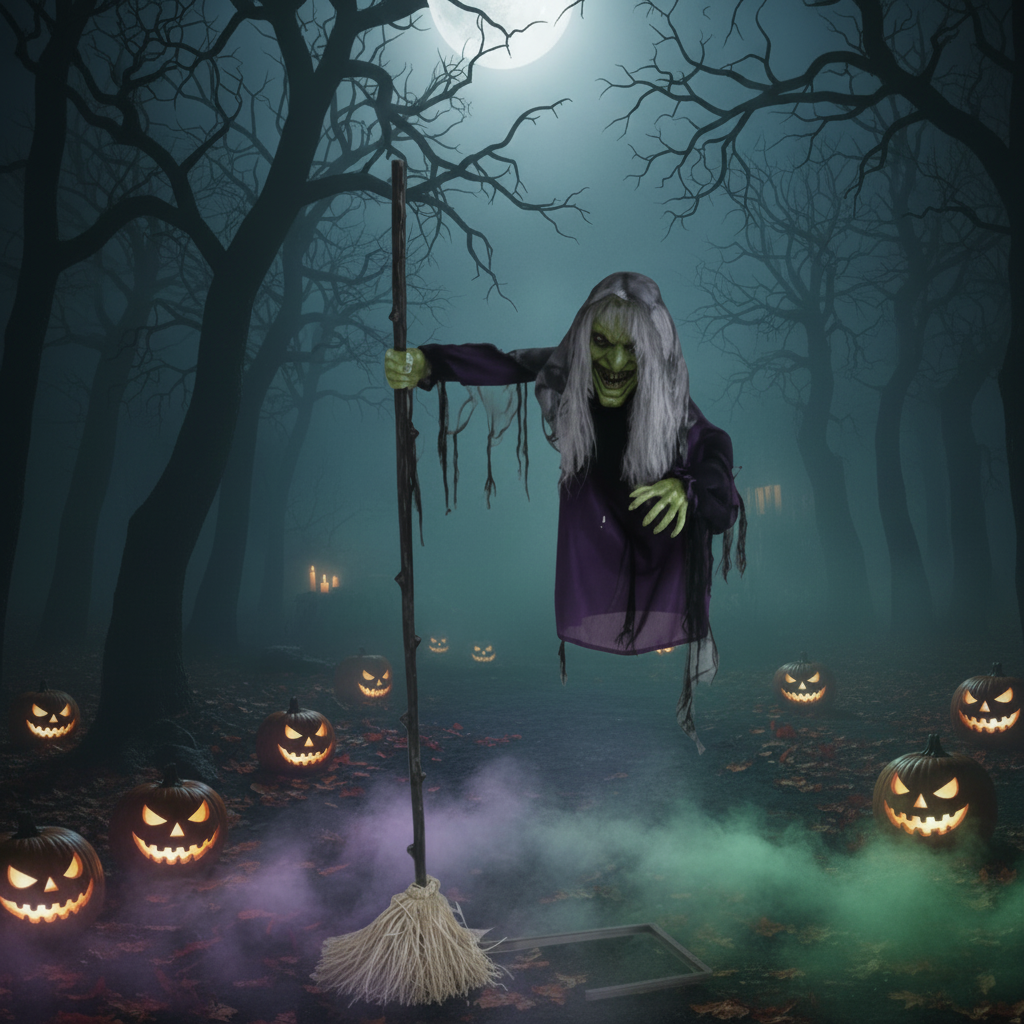 Life-Size Witch Animatronic with Broomstick 5.9 ft (1.8 mts)