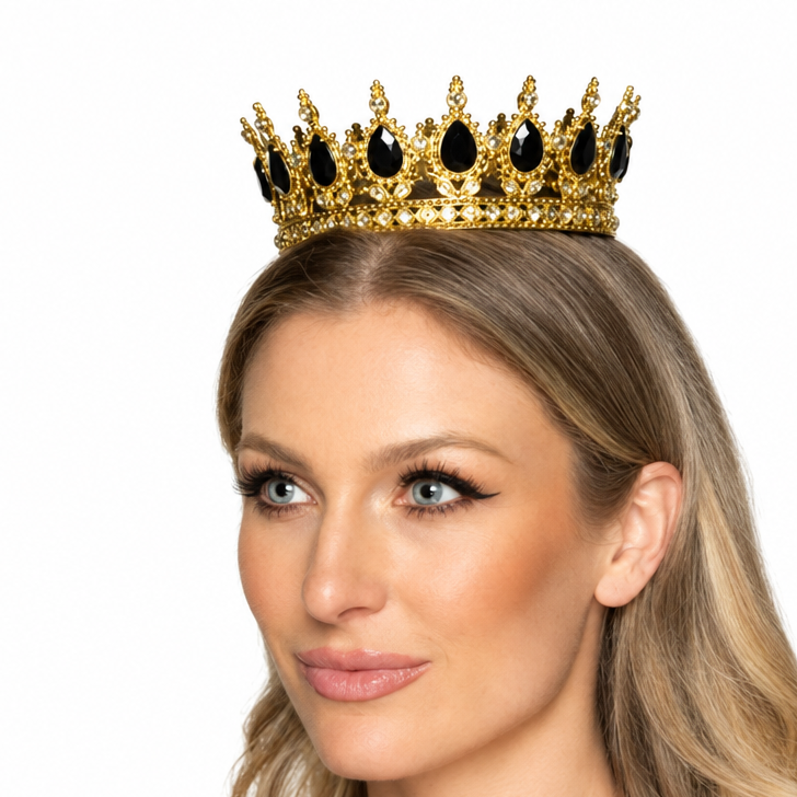 Woman wearing the gold queen crown with black jewels