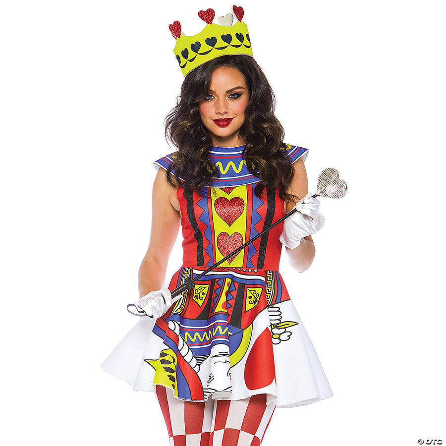 Women's Card Queen Costume - Red and black dress with crown and heart card details